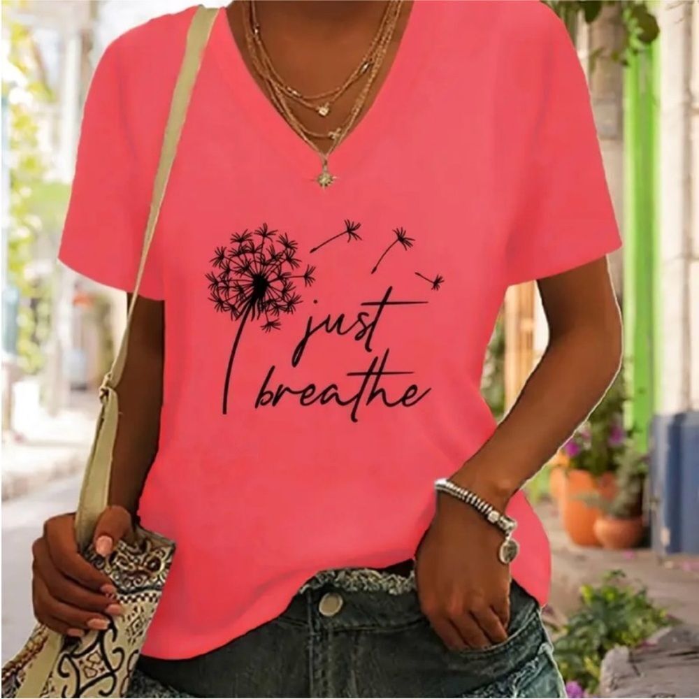 Women’s short sleeve coral v-neck t-shirt positive affirmation “just breathe”